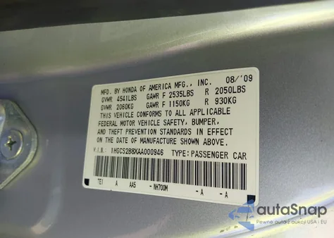 2010 Honda Accord 3.5 Ex-L из США, поврежденный, VIN 1HGCS2B8XAA000946